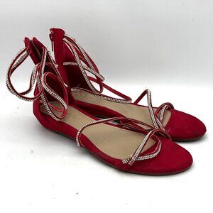 Dream Pairs Red Rhinestone Strappy Lace Up Flat Suede Sandals Womens Size 7 Zip
